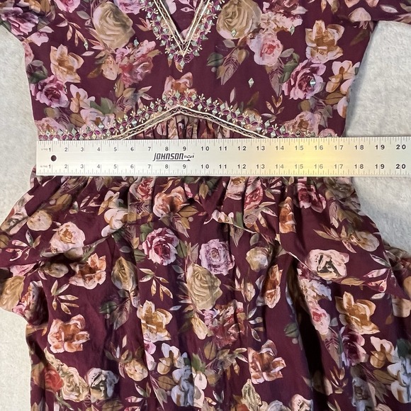 Indian‎ Burgundy Floral Dress Tunic Women's XL Embellished V-neck Party Festival - Picture 14 of 14